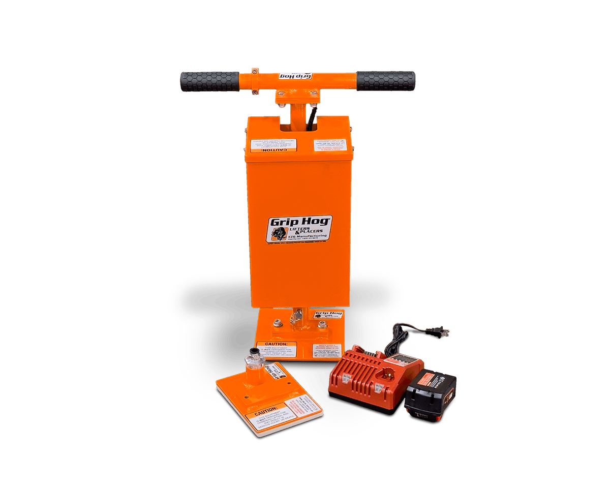 Grip Hog Battery-Powered unit shown with included lifting heads, battery and charger